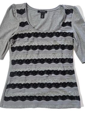 White House Black Market T-Shirt Womens M Gray Striped Puff Ruffle Rhinestone